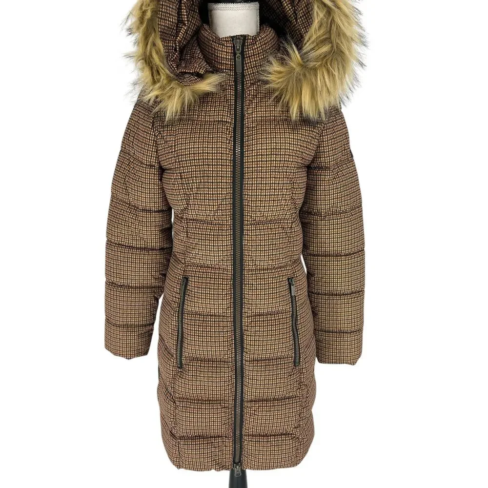 C-RO‎ Denmark Houndstooth 2-Way Stretch Puffer Coat with Faux Fur Hood Size 4